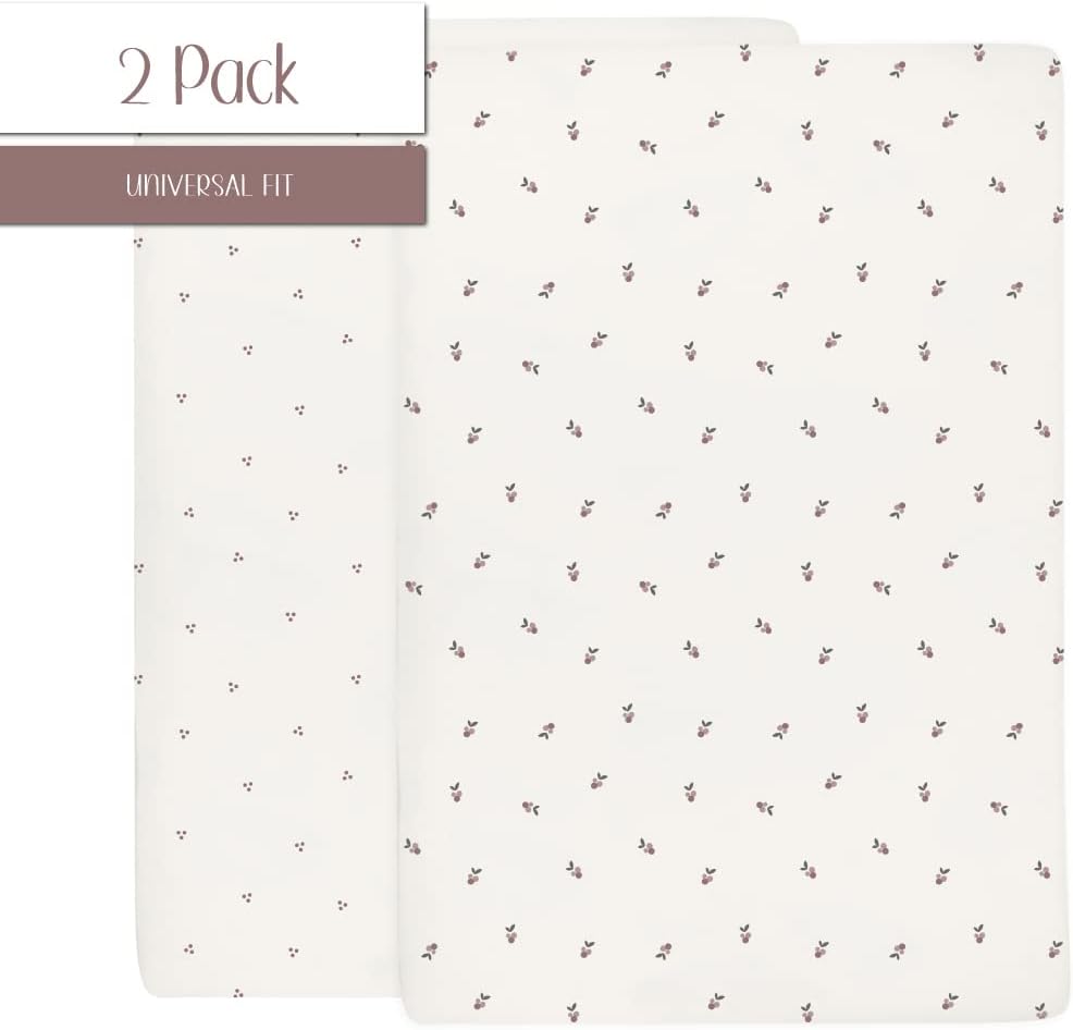 Ely's & Co. Patent Pending Waterproof Pack and Play Sheets, 100% Cotton with Waterproof Lining – 2 Pack Fitted Mini Crib Sheet Set, Berry and Cluster Dot (Lavender) 38” x 24”