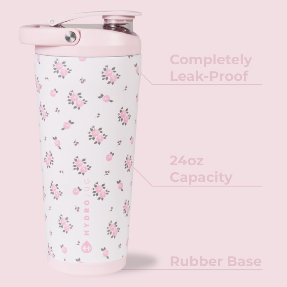 HydroJug 24 oz New Stainless Steel Shaker – Insulated, Leakproof, BPA-Free with Silent Mixing Grate – No Clumps, No Noise – Premium Shaker for Fitness, Sports & Everyday Use, Wildrose