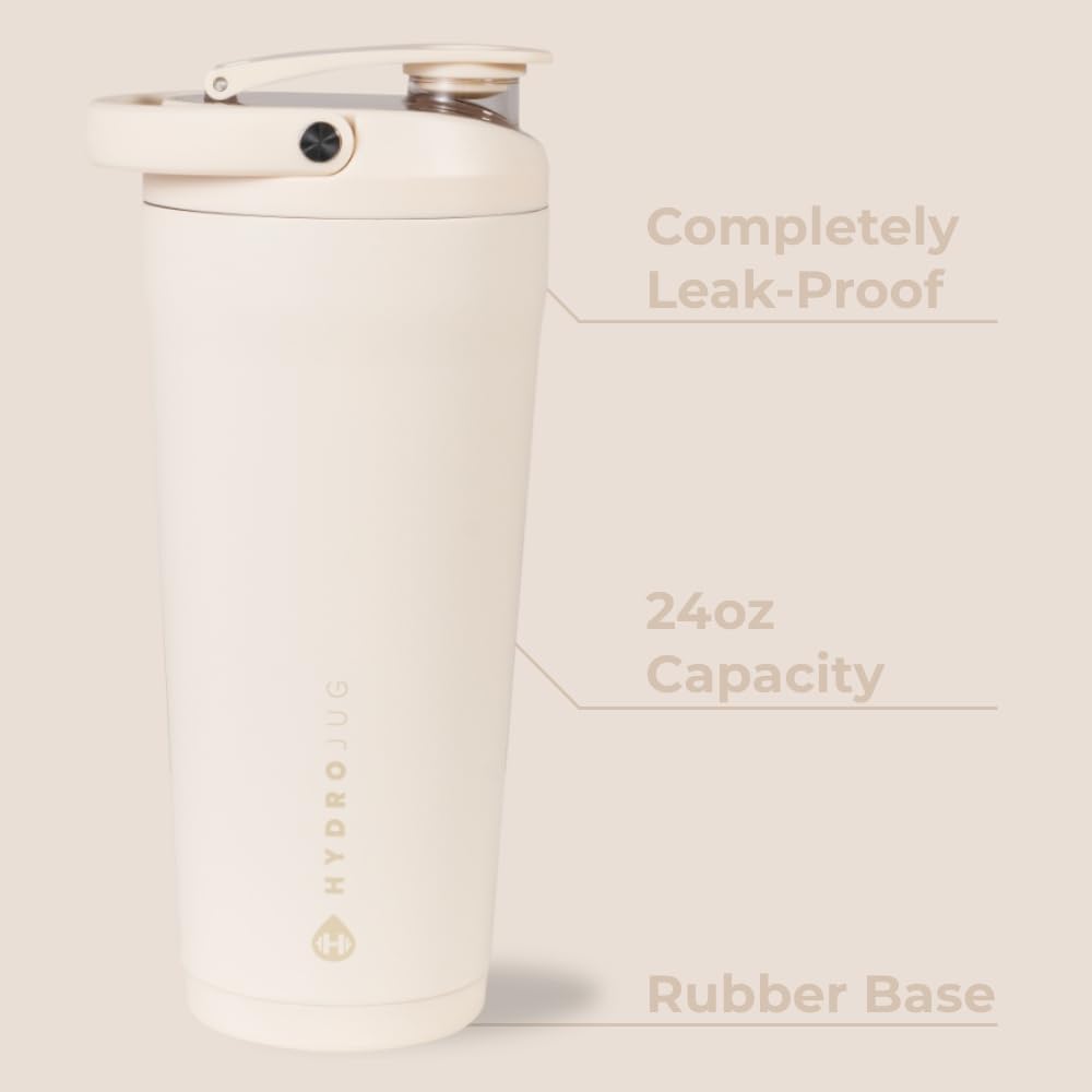 HydroJug 24 oz New Stainless Steel Shaker – Insulated, Leakproof, BPA-Free with Silent Mixing Grate – No Clumps, No Noise – Premium Shaker for Fitness, Sports & Everyday Use, Cream