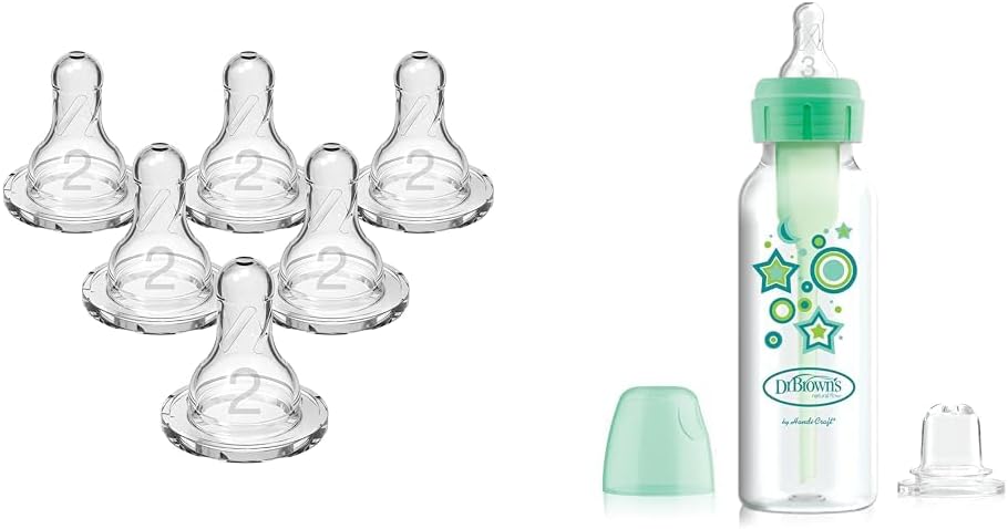 Dr. Brown's Natural Flow Level 2 Medium Flow 100% Silicone Narrow Baby Bottle Nipples and Anti-Colic Options+ Narrow Sippy Bottle Starter Kit
