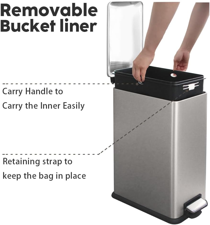 Bathroom Bin 10L, Small Kitchen Bins with Soft Close Lid,Slim Pedal Bin with Removable Inner Bucket,Small Bins for Bathroom,Kitchen,Bedroom,and Office,grey