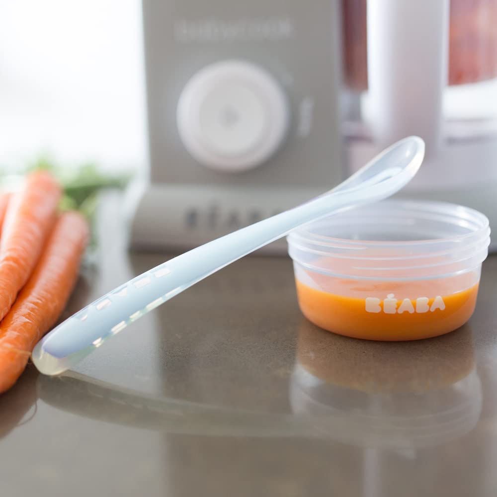 BEABA First Stage Baby Feeding Spoon Set, THE ORIGINAL Soft Tip Silicone Spoons for Babies, Gum Friendly BPA Lead Phthalate and Plastic Free, Great Gift Set (4 Pack), Cloud