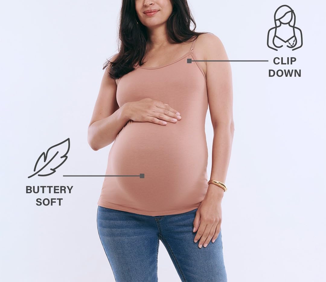 Motherhood Maternity Women's Clip Down Nursing Tank Top Cami with Adjustable Straps and Built-in Shelf Bra for Breastfeeding