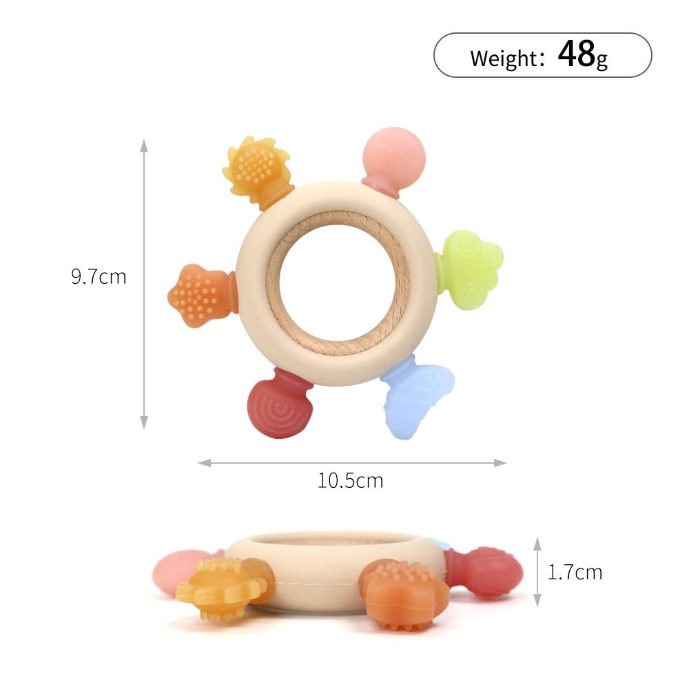 3Pcs Baby Silicone Teether Toy Set - Food-Grade Silicone Teething Relief Toys,Wooden Ring Teether Cute Bear Toy and Toy Straps for Babies 3-12 Months(Pink)