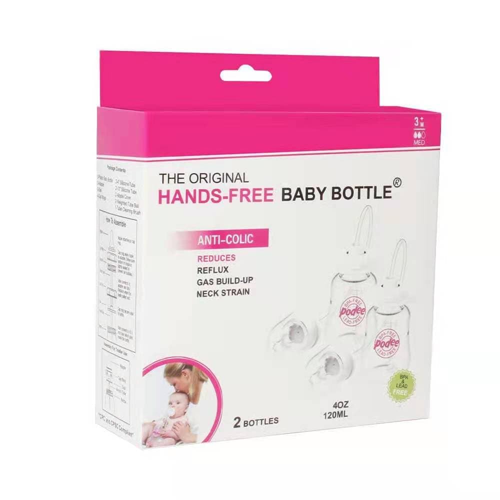 Hands-Free Baby Bottle - Anti-Colic Nursing System 4 oz Baby Bottle with Fast Flow Nipple/Teat 3m+ Infant with Tube Straw Feeding System for Toddler (2 Bottles - Pink)