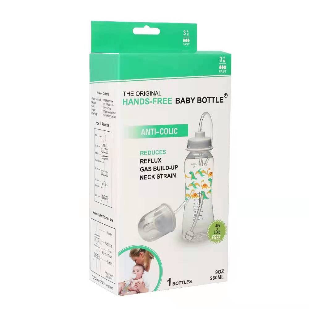 Hands-Free Baby Bottle - Anti-Colic Nursing System 9 oz Baby Bottle with Fast Flow Nipple/Teat 3m+ Infant with Tube Straw Feeding System for Toddler (1 Bottle - Dinosaur)
