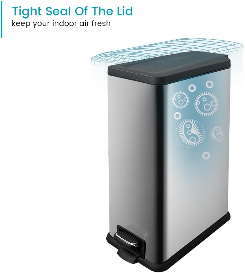 12 Gallon Trash Can with Lid,45L Kitchen Garbage Can,Stainless Steel Trash Can for Narrow Spaces with Soft-Close Lid, Inner Bucket, and Step-on Pedal