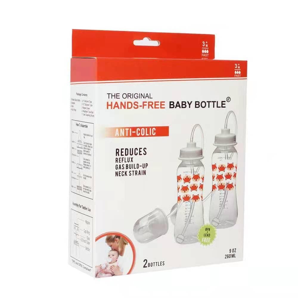 Hands-Free Baby Bottle - Anti-Colic Nursing System 9 oz Baby Bottle with Fast Flow Nipple/Teat 3m+ Infant with Tube Straw Feeding System for Toddler (2 Bottles - Fox)