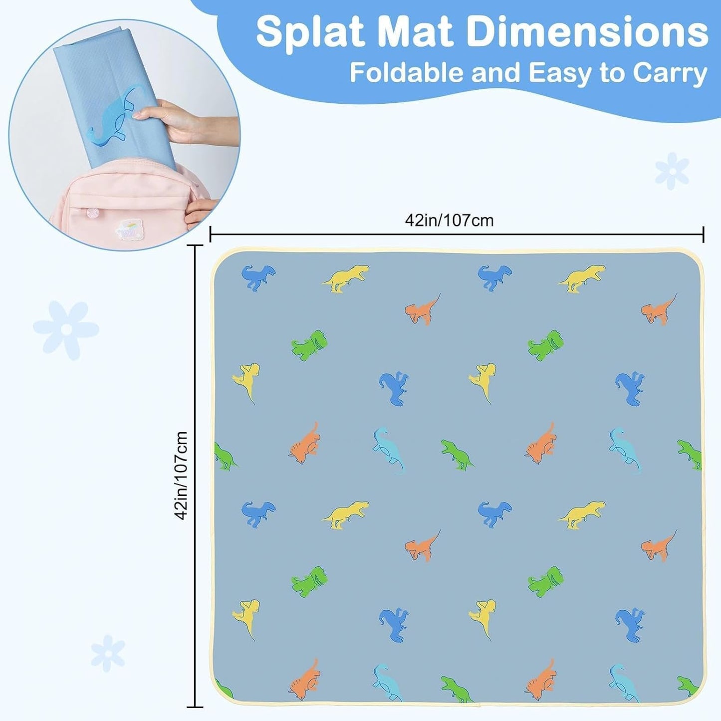 Splat Mat for Under High Chair 42 x 42 Inch Waterproof Baby Splash Mat with Non Slip Bottom Reusable Portable Highchair Mat for Floor Food Catcher for High Chair, Blue Dinosaur