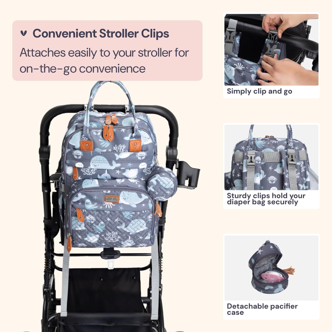BabbleRoo Diaper Bag Backpack - Baby Essentials Travel Tote - Multi Function Water Resistant Diaper Bag, Travel Essentials Baby Bag with Changing Pad, Stroller Straps & Pacifier Case - Sea Animals