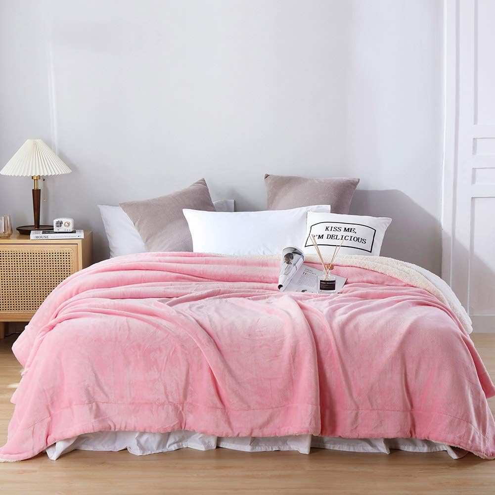 NANPIPER Flannel Blanket Reversible Sherpa Throw Blanket Super Soft Fuzzy Plush Fleece (90"x90",Pink) Queen