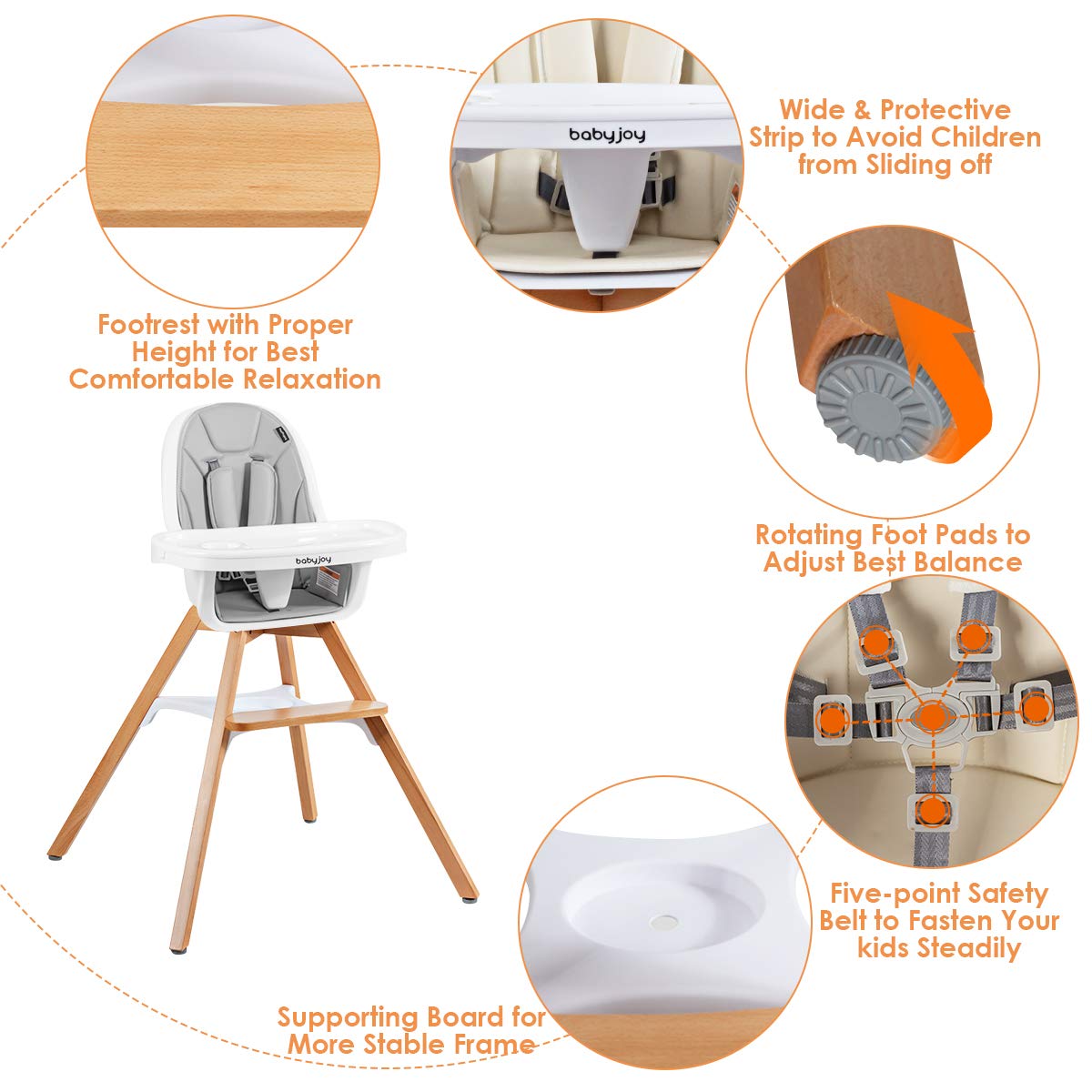 BABY JOY 3 in 1 High Chair, Baby Eat & Grow Convertible Wooden High Chair/Rocking Chair/Booster Seat/Toddler Chair, Infant Dining Chairs w/Double Removable Tray, 5-Point Seat Belt & PU Cushion, Gray