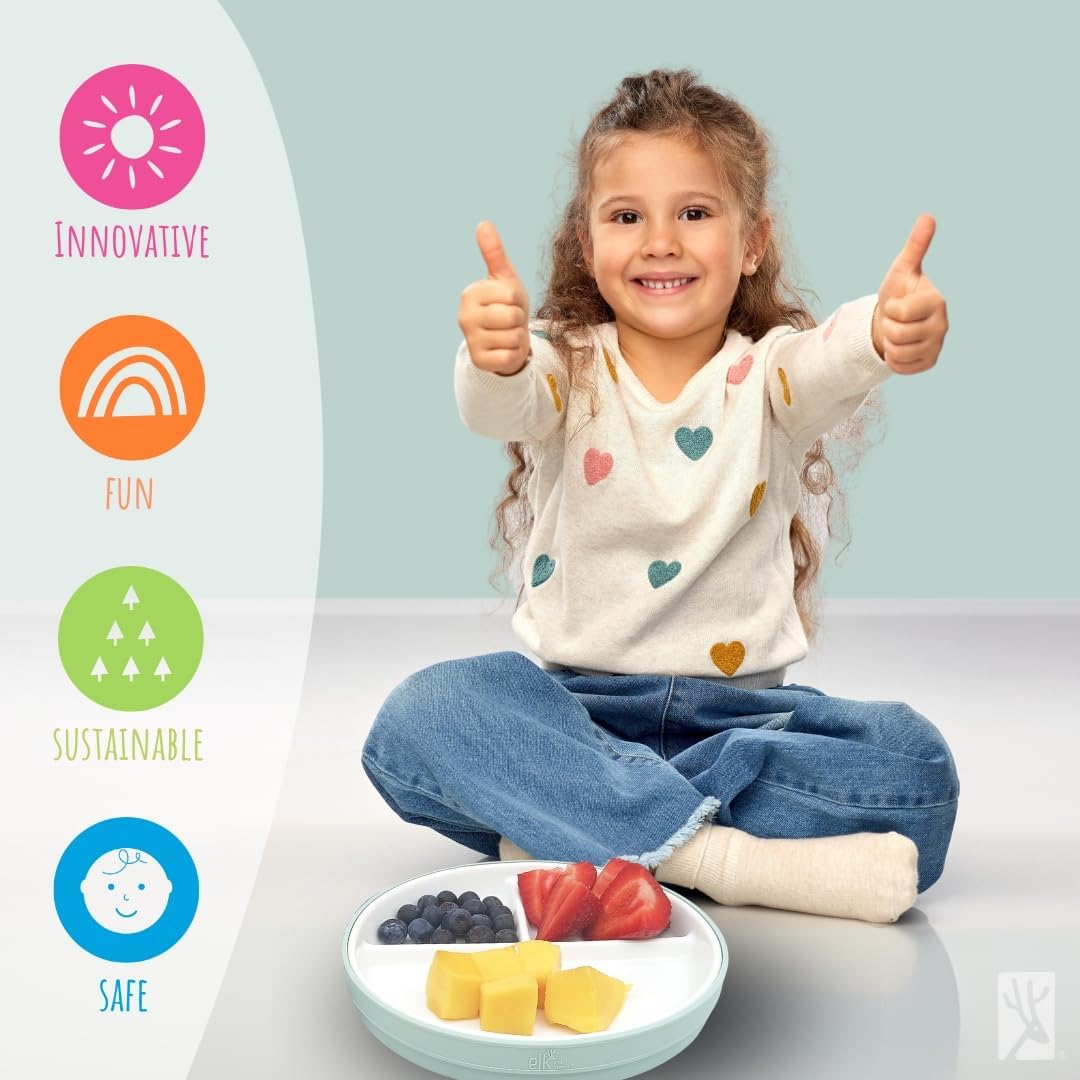 Elk and Friends Kids 7.8” Porcelain White Plates with Silicone Sleeves | Divided Plates | Suitable for Kids/Toddlers | Microwave & Dishwasher Safe | Non Slip | Snack Dishes…