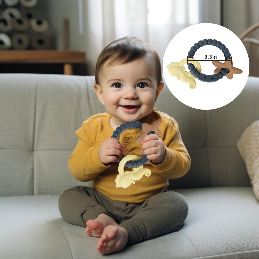 Silicone Teething Ring Toy, Baby Teether Toys with Rattles, BPA Free Sensory Chew Toys for Babies 3-6-12 Months to Soothe Sore Gums, Great Shower, Christmas Gift(Dark Grey 2)