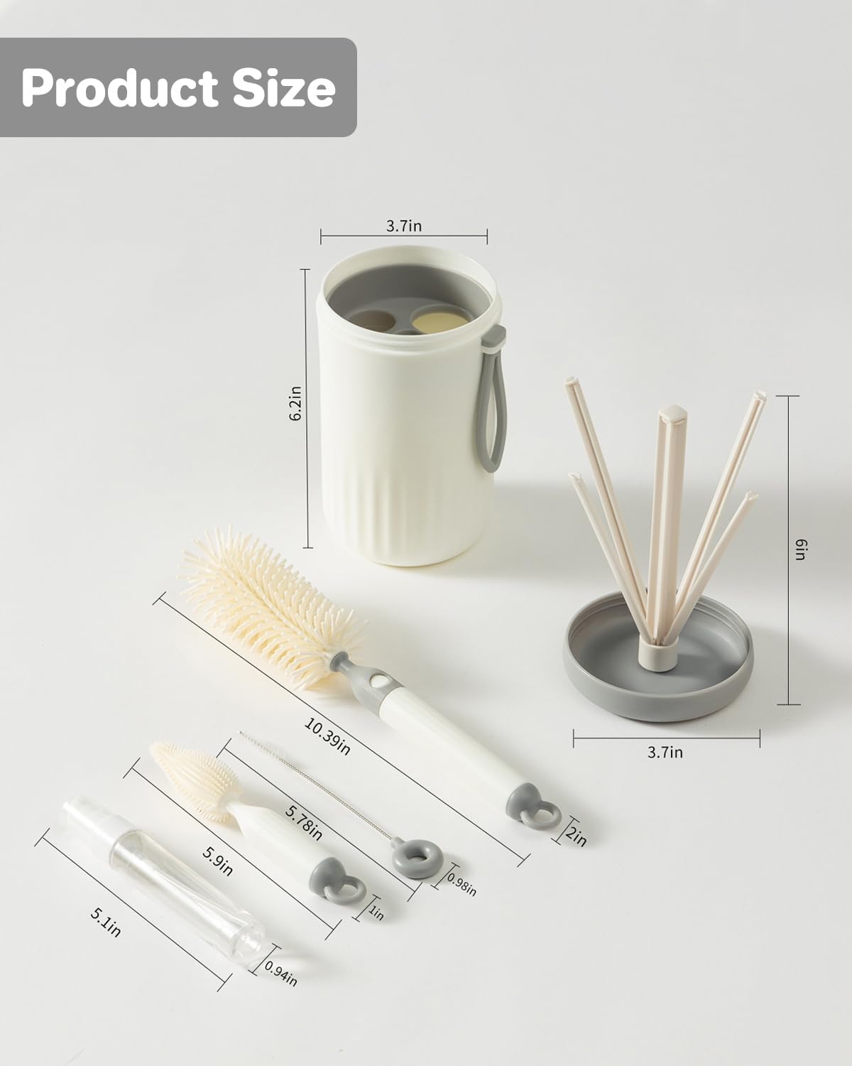 Travel Bottle Cleaner Kit, 6-in-1 Baby Bottle Brush with Silicone Bottle Brush, Nipple Brush, Straw Brush, Drying Rack, Dispenser, Organizer, Baby Travel Essential, Gifts for New Mom - Grey
