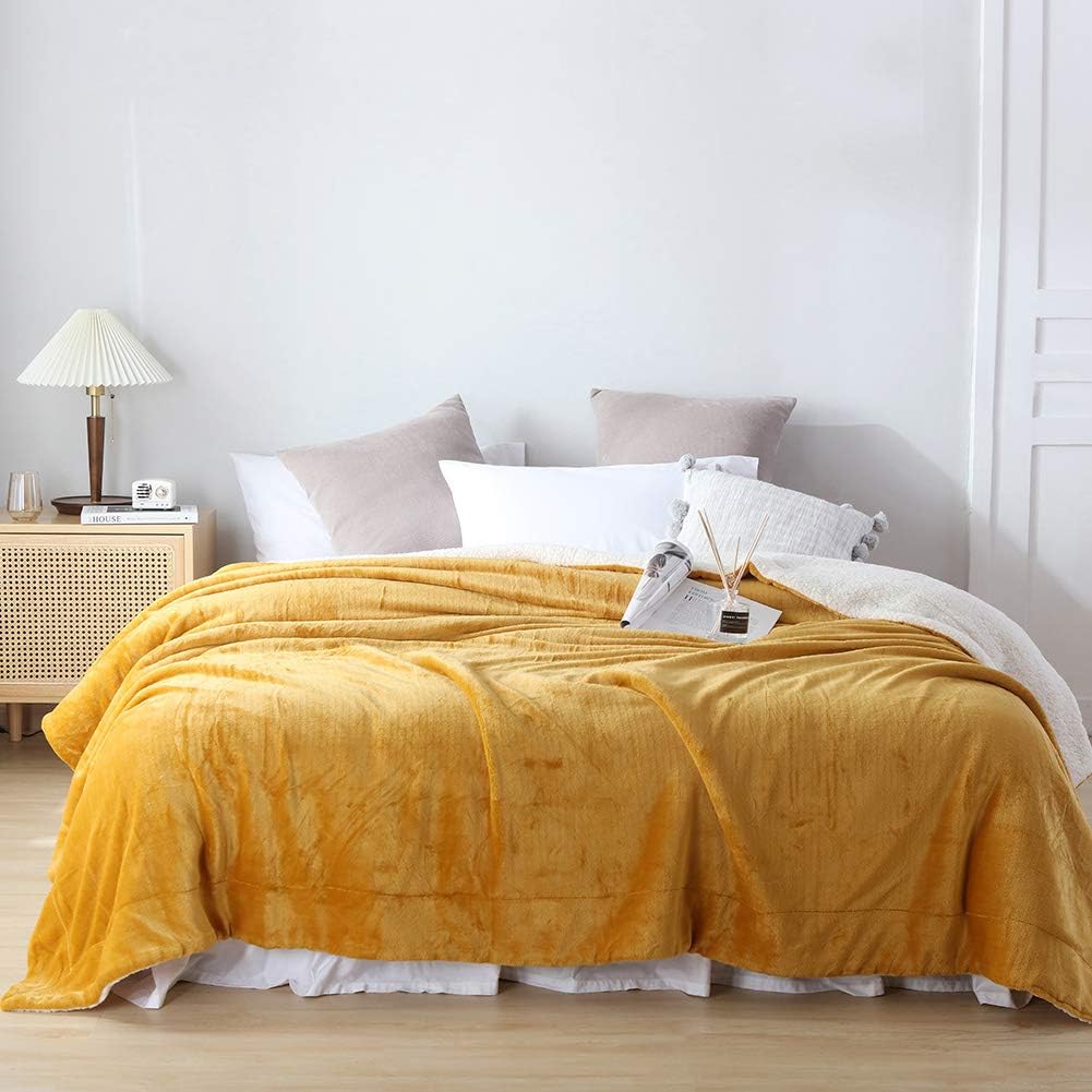 NANPIPER Bed Blanket Reversible Sherpa Flannel Throw Blanket Super Soft Fuzzy Plush Fleece Microfiber (90"x90" Ginger Yellow) Queen