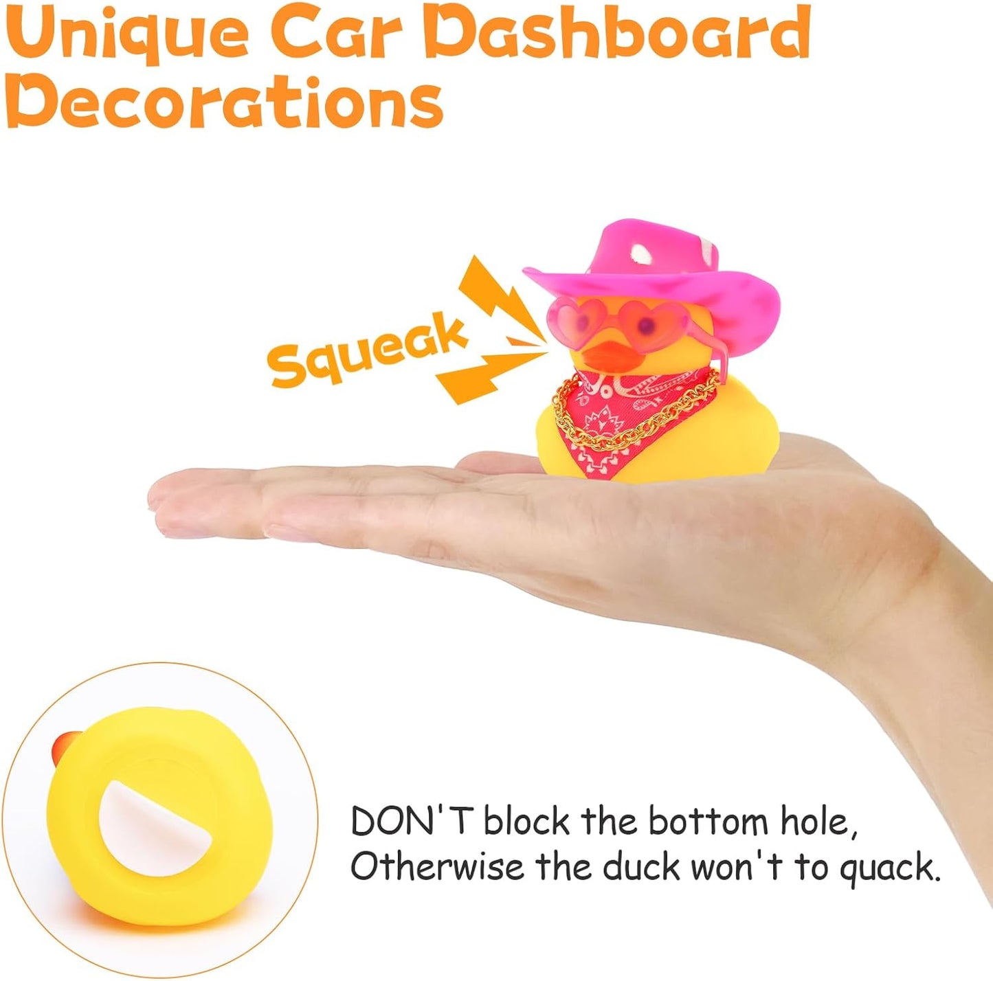 Quackly Pink Cowboy Rubber Duck, Car Dashboard Decoration Ducks with Cowboy Hat Necklace Sunglasses, Pink Silver