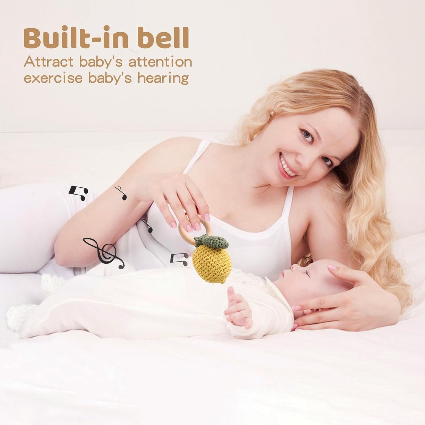 WOODEN TEETHER Crochet Baby Rattle, Crochet Baby Toys, Organic Wooden Newborn Toys, Newborn Animal Rattle Toys,Knitted Stuffed Animals Gifts for Baby, Lemon