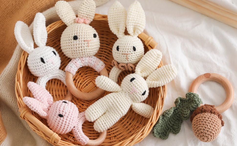Wooden Baby Rattle,Crochet Bunny Rattle with Wood Ring, Newborn Wooden Animal Rattle Toy,Infant White Bunny Wood Rattle Toys Bunny-4