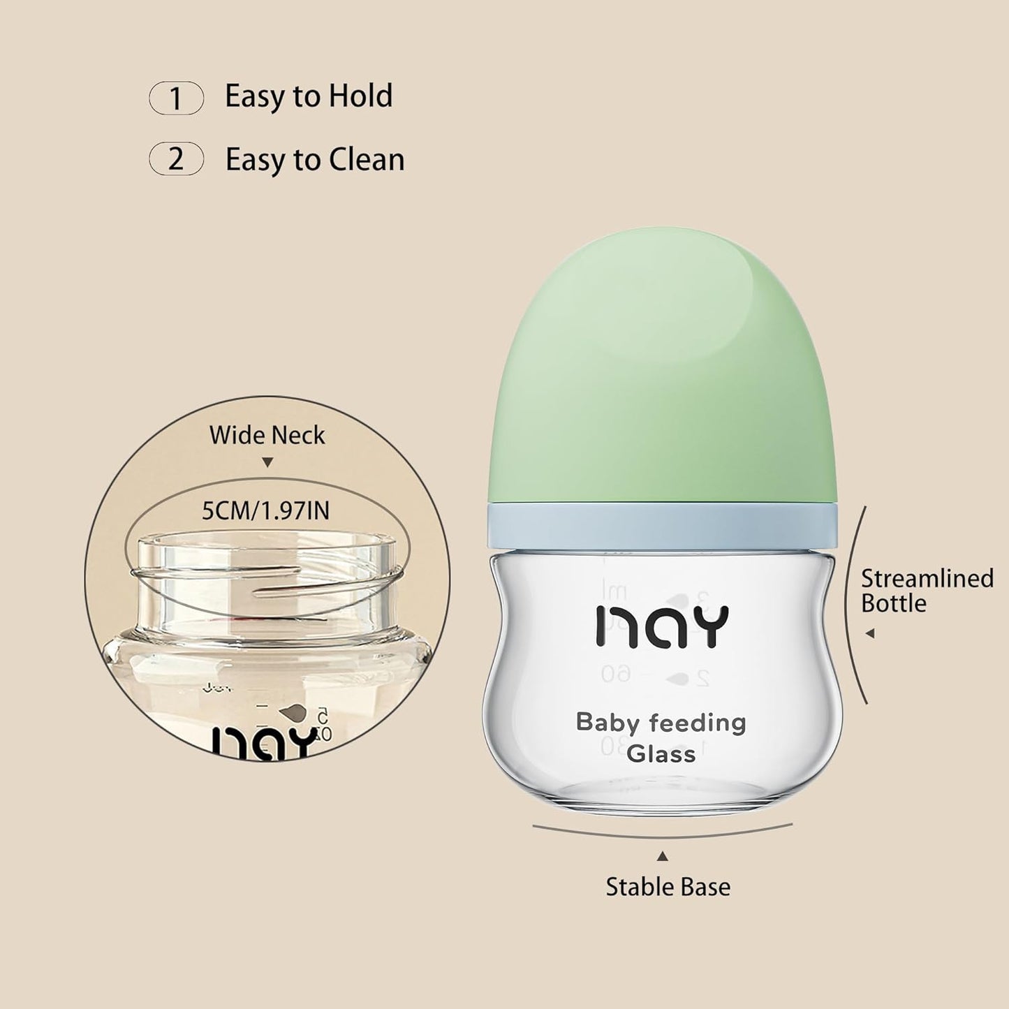 Natural Glass Baby Bottle Wide Neck, Newborn Anti-Colic Baby Bottle, Clear, 3oz(Pack of 4), Includes 4Pcs Slow Flow Nipple(SS), 0 Months+