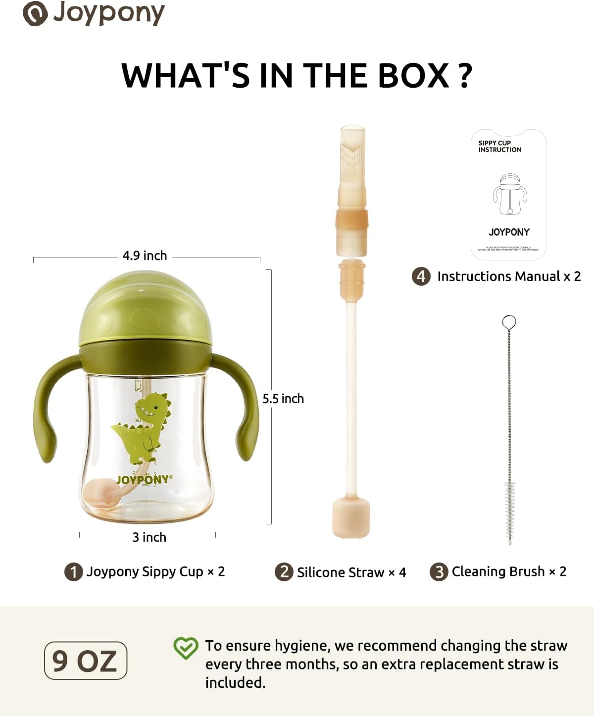 Sippy Cups for Toddlers 1-3, Spill Proof Weighted Straw Cup with Handle for Baby 6 Months + old, 2 Pack, Total 4 Silicone Straws, PPSU, BPA Free, 9 oz (Green)
