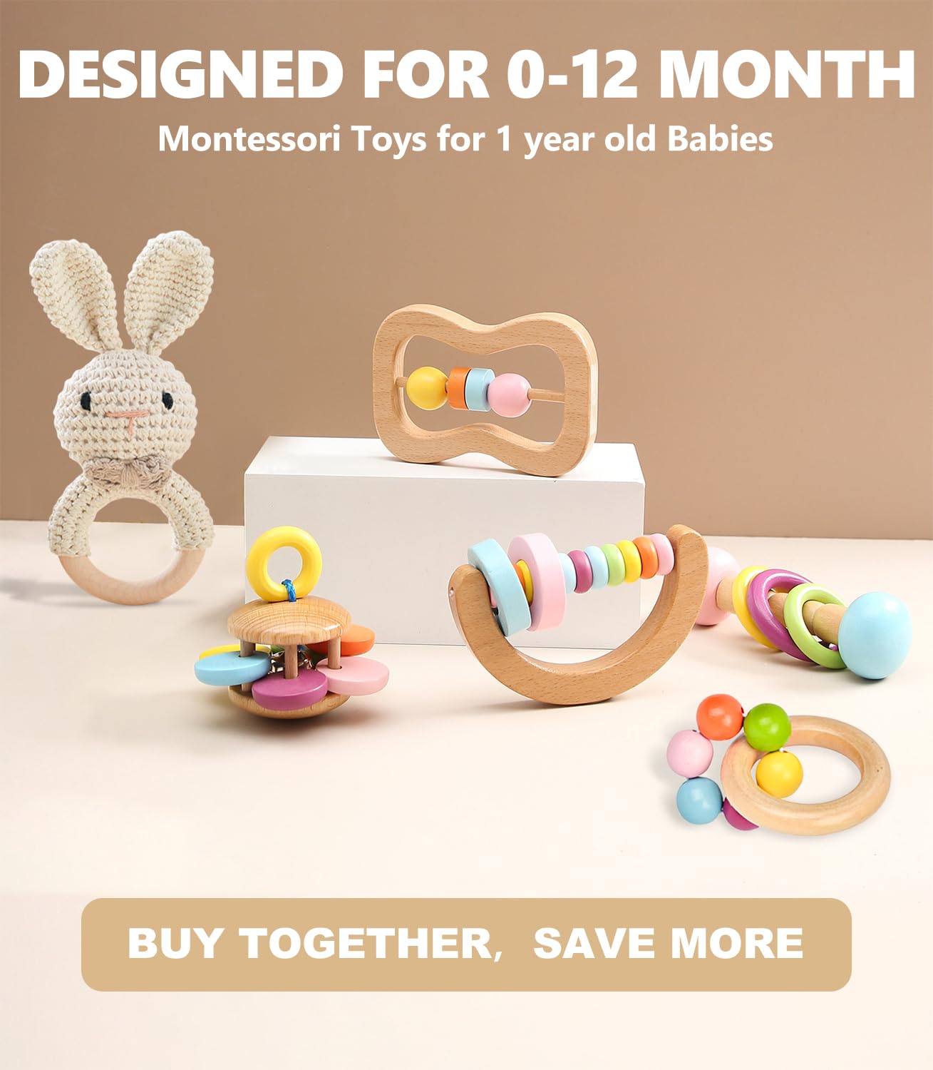 6 PCS Wooden Baby Rattle, Organic Colorful Baby Hand Rattles Set, Wood Rattles for Babies 0-6-12 Months, Wooden Teether Crochet Rattle Toy for Newborn Infant, Montessori Toys for Babies 0-6 Months