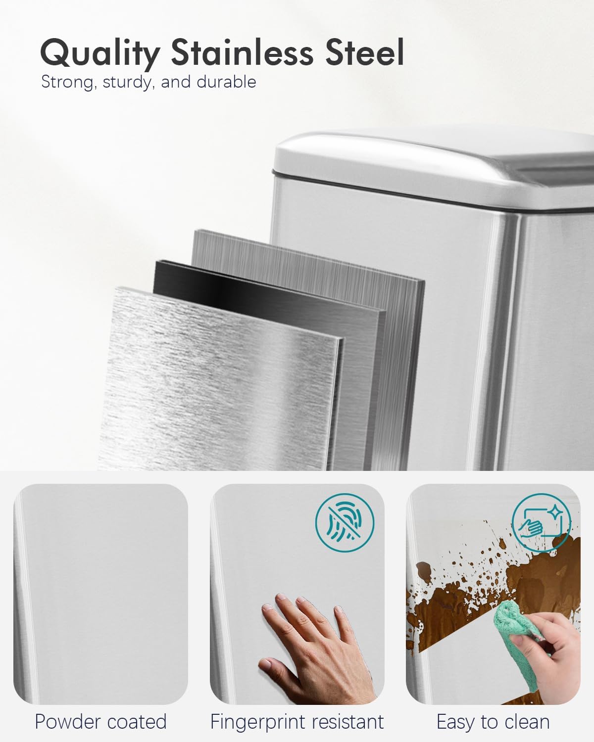 8 Gallon SquareTrash Can with Soft Close Lid, Stainless Steel Trash Can with Removal Inner Bucket, Hand -Free Trash Bin for Kitchen, Office, Laundry, Bathroom, 30 Liter Capacity, Silver