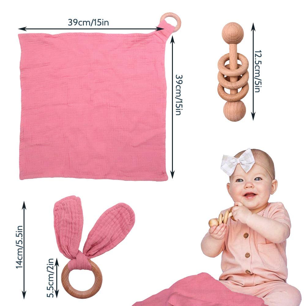 Baby Lovey, Wood Rattle, Teether Ring, 3 Pack Montessori Gift, Coral Pink, Cotton, Double Gauze, Baby Girl Shower Gift