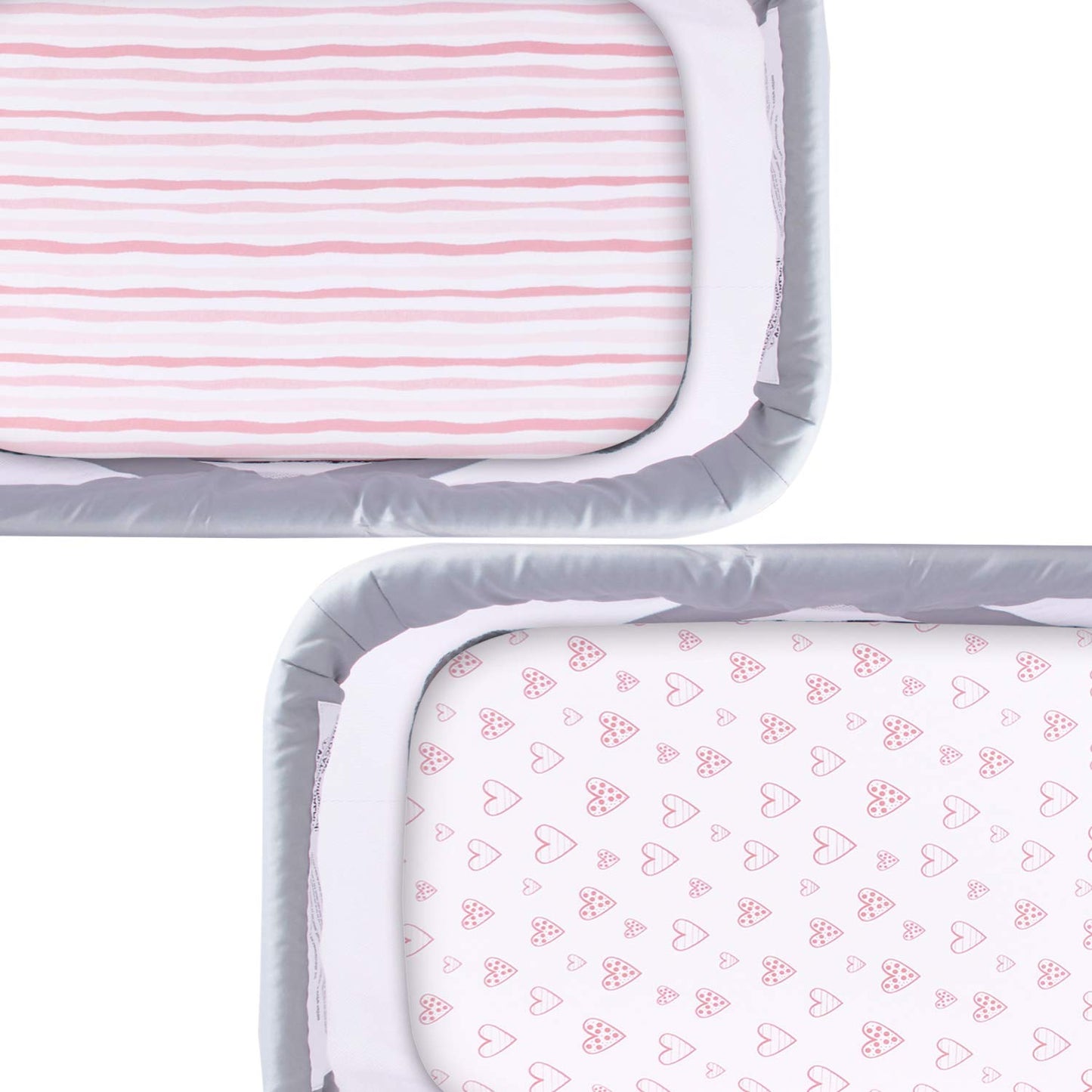 Bassinet Sheets Compatible with AirClub, GoFirst and MiClassic Bassinet Bedside Sleeper, 2 Pack, 100% Jersey Knit Cotton Fitted Sheets, Pink Stripes and Hearts Print for Baby Girls