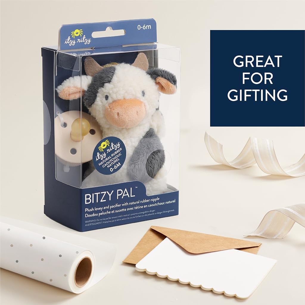 Itzy Ritzy Pacifier & Lovey Set - Natural Rubber Pacifier with Stuffed Animal Lovey - Detachable Plush Cow Binky Holder & Coordinating Natural Rubber Binky, Ideal for Ages 0-6 Months (Cow)