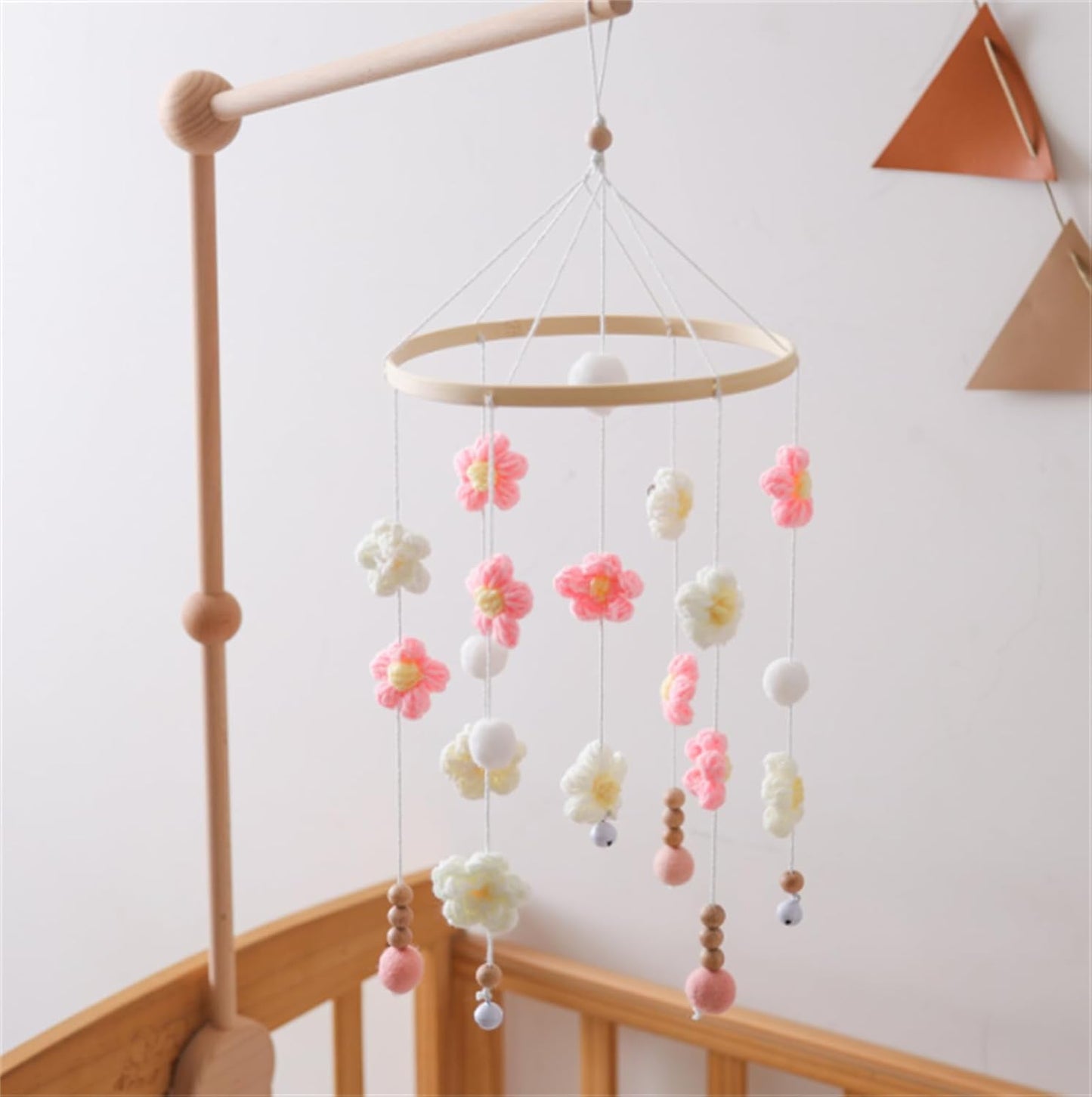 Baby Mobile for Crib - Modern Baby Mobile - Nursery Mobile for Girl or Boy - Hand-Crocheted Colourful Little Flower - Baby Crib Mobile for Boys Girls (A)