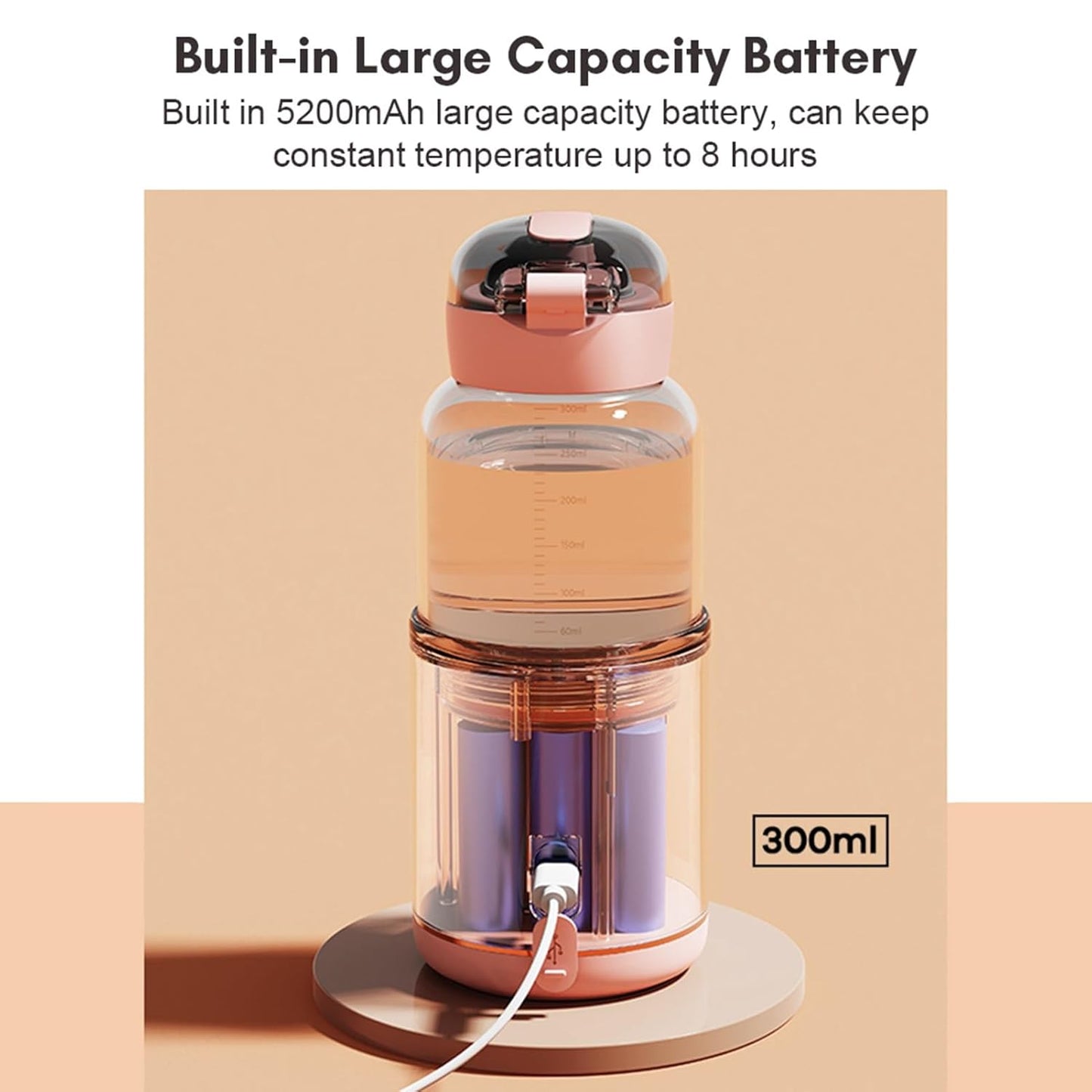 Portable Bottle Warmer, 300 ml Rechargeable Bottle Warmer,Travel Bottle Warmer,LED Display Baby Flask for Vehicle car Airplane (Pink)