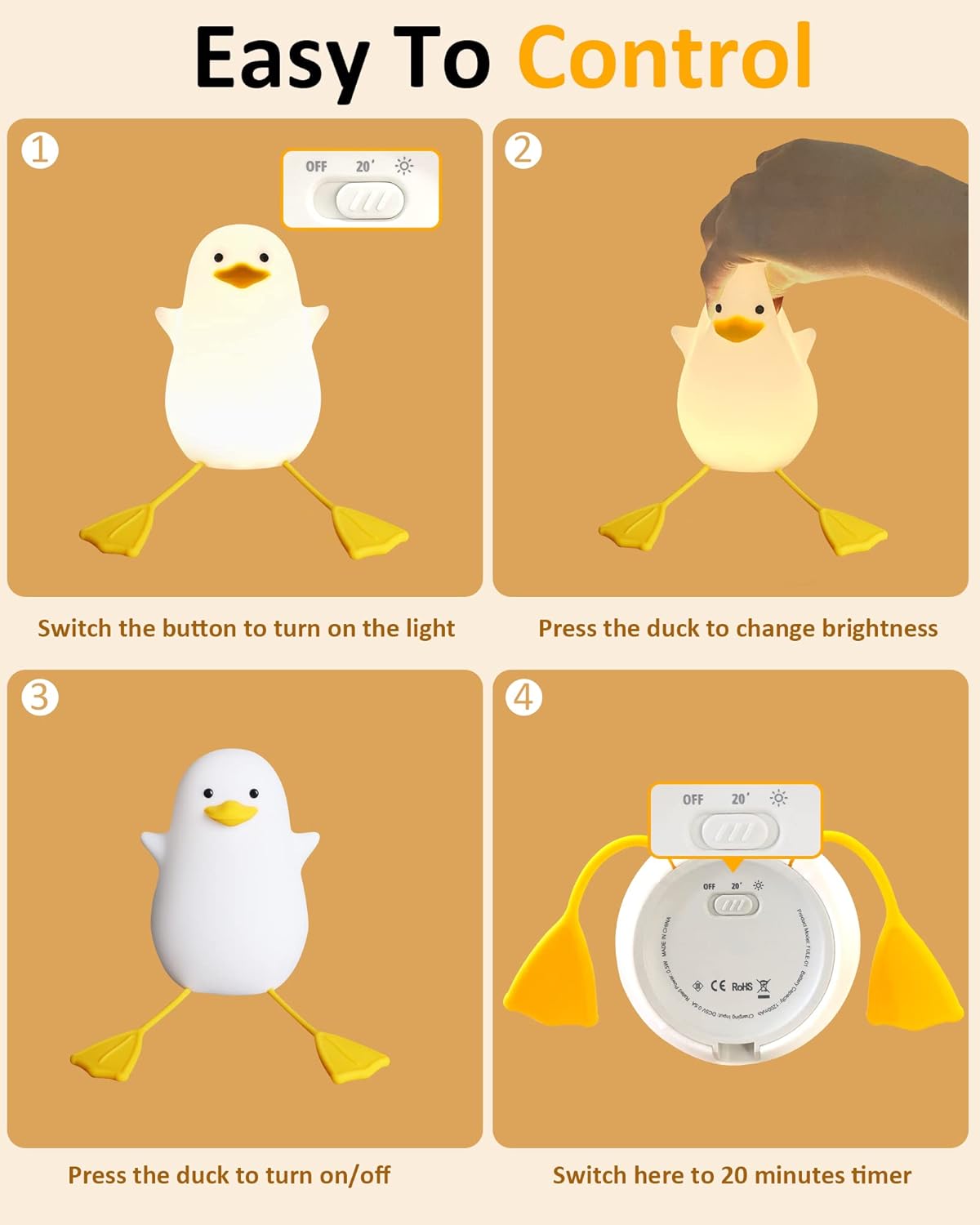 Attivolife Duck Night Light for Kids, Cute Animal Silicone Lamp Touch Control + Dimmable + Timer, USB Rechargeable LED Feeding, Bedside Bedroom Decor Birthday Gifts for Toddler Baby Women