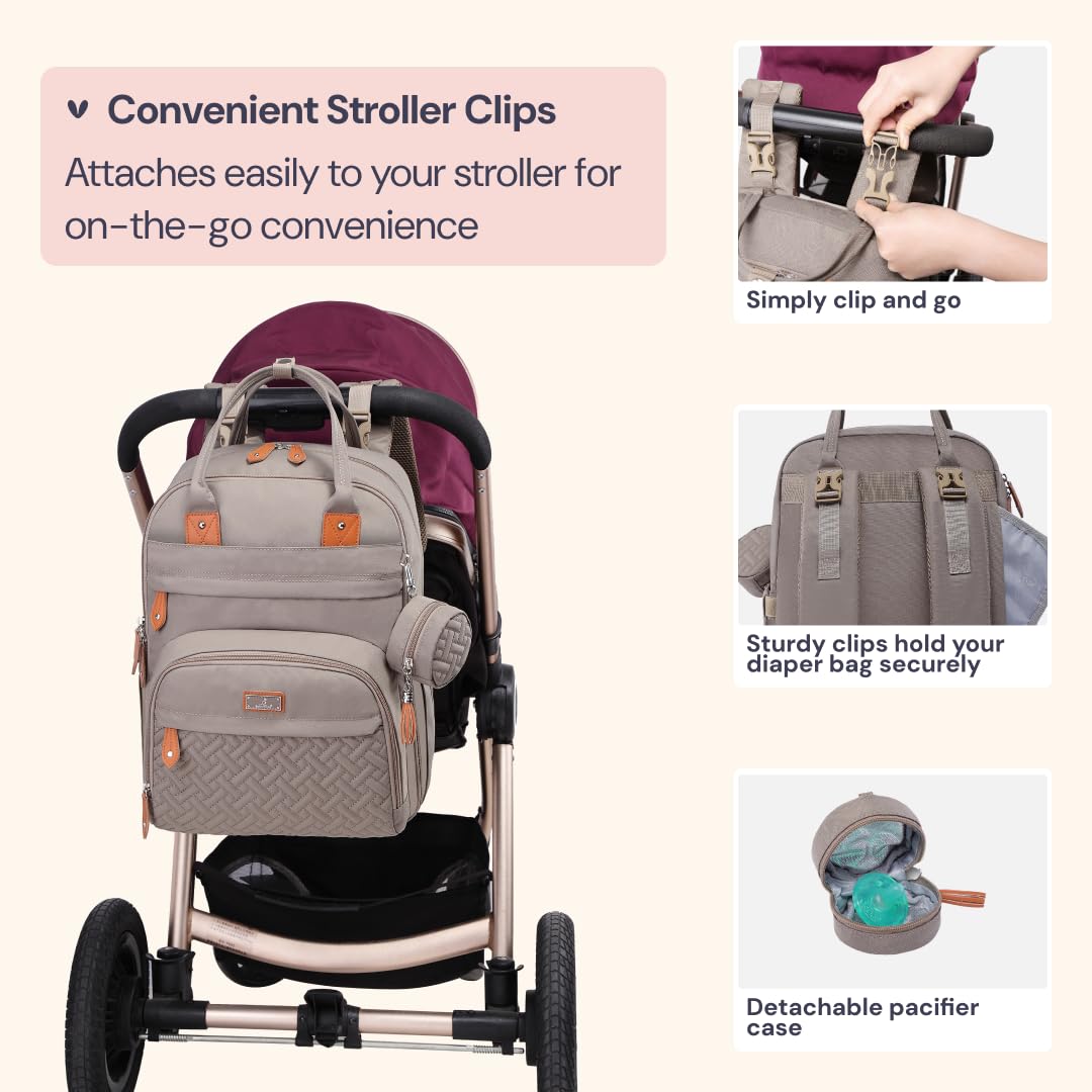 BabbleRoo Diaper Bag Backpack - Baby Essentials Travel Tote - Multi Function Water Resistant Diaper Bag, Travel Essentials Baby Bag with Changing Pad, Stroller Straps & Pacifier Case - Unisex, Khaki