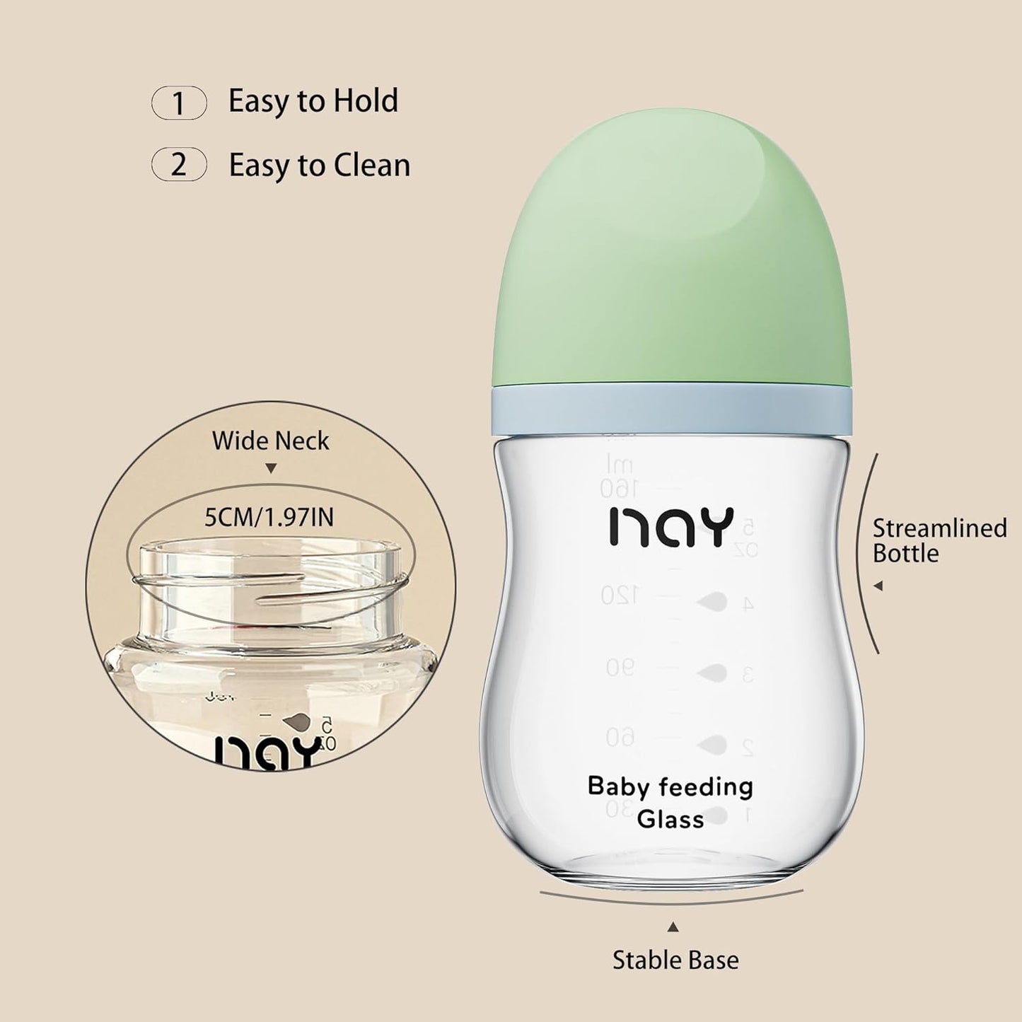 Natural Glass Baby Bottle Wide Neck, Anti-Colic Baby Bottle, Clear, 5.4oz(Pack of 2), Includes 2Pcs Natural Response Nipple(S), 1 Months+