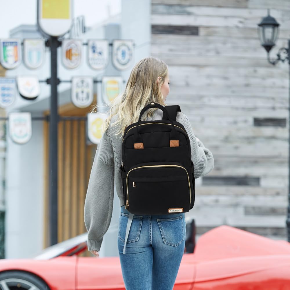 RUVALINO Diaper Bag Backpack, Multifunction Travel Pack Maternity Baby Changing Bags, Large Capacity, Waterproof, Deep Black, Polyester