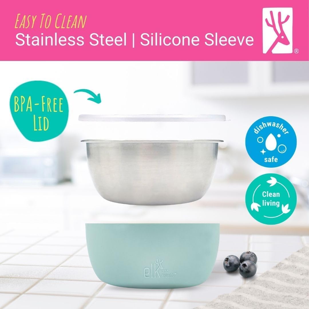 Elk and Friends Stainless Steel Bowls + Silicone Sleeve and Storage Lid | Baby, Toddler, Kids | Cereal & Snack Bowls | Storage Containers | Dishwasher Safe | 4 Pack