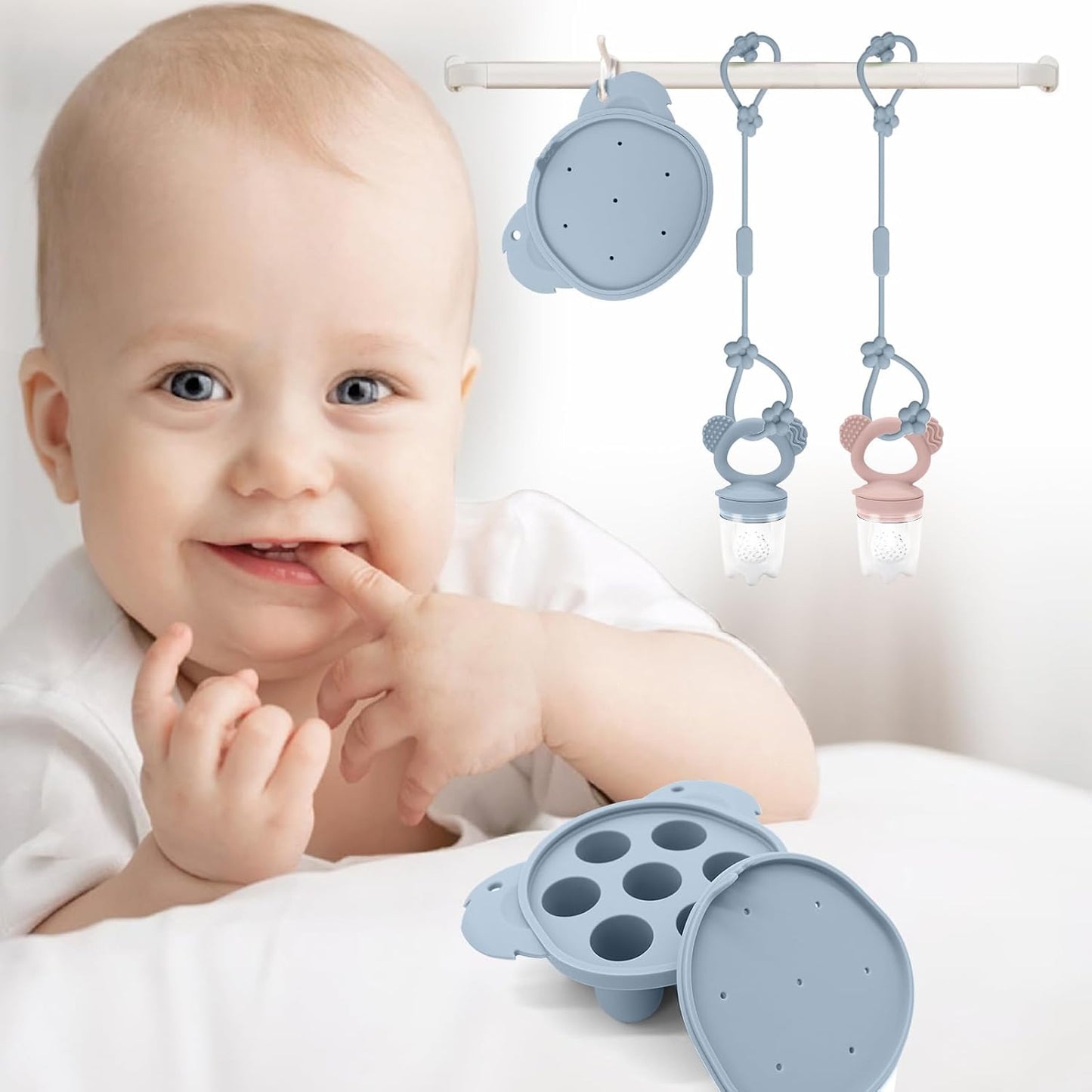 2 Pack Silicone Baby Food Feeders + Mini Freezer Tray for 6 Months+ Infant Solid Food Safe Self Feeding, BPA Free Breastmilk Popsicle Teether Set for Soothe Teething, Christmas Idea Gift (Blue+Pink)