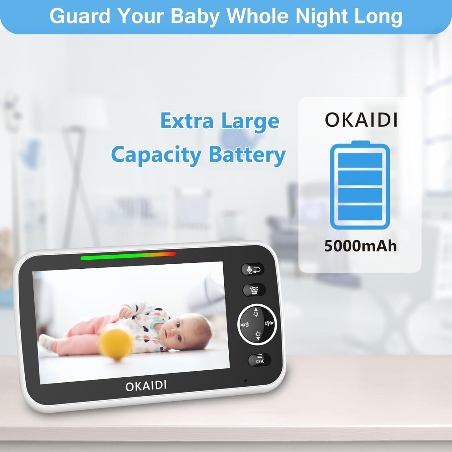 OKAIDI 5" HD Baby Monitor with Camera and Audio, 720P Display, 5000mAh Battery, Remote Pan-Tilt, 3X Zoom, Night Vision, 2-Way Talk, Temperature,Lullabies,1000ft Range Baby Monitor No WiFi