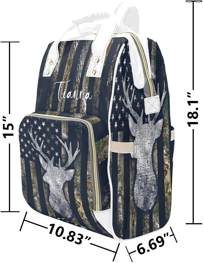 American Flag Camo Deer Diaper Bags with Name Waterproof Mummy Backpack Nappy Nursing Baby Bags Gifts Tote Bag for Women One Size
