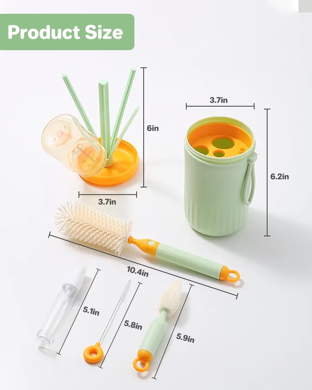 Travel Bottle Cleaner Kit, 6-in-1 Baby Bottle Brush with Silicone Bottle Brush, Nipple Brush, Straw Brush, Drying Rack, Dispenser, Organizer, Baby Travel Essential, Gifts for New Mom - Green