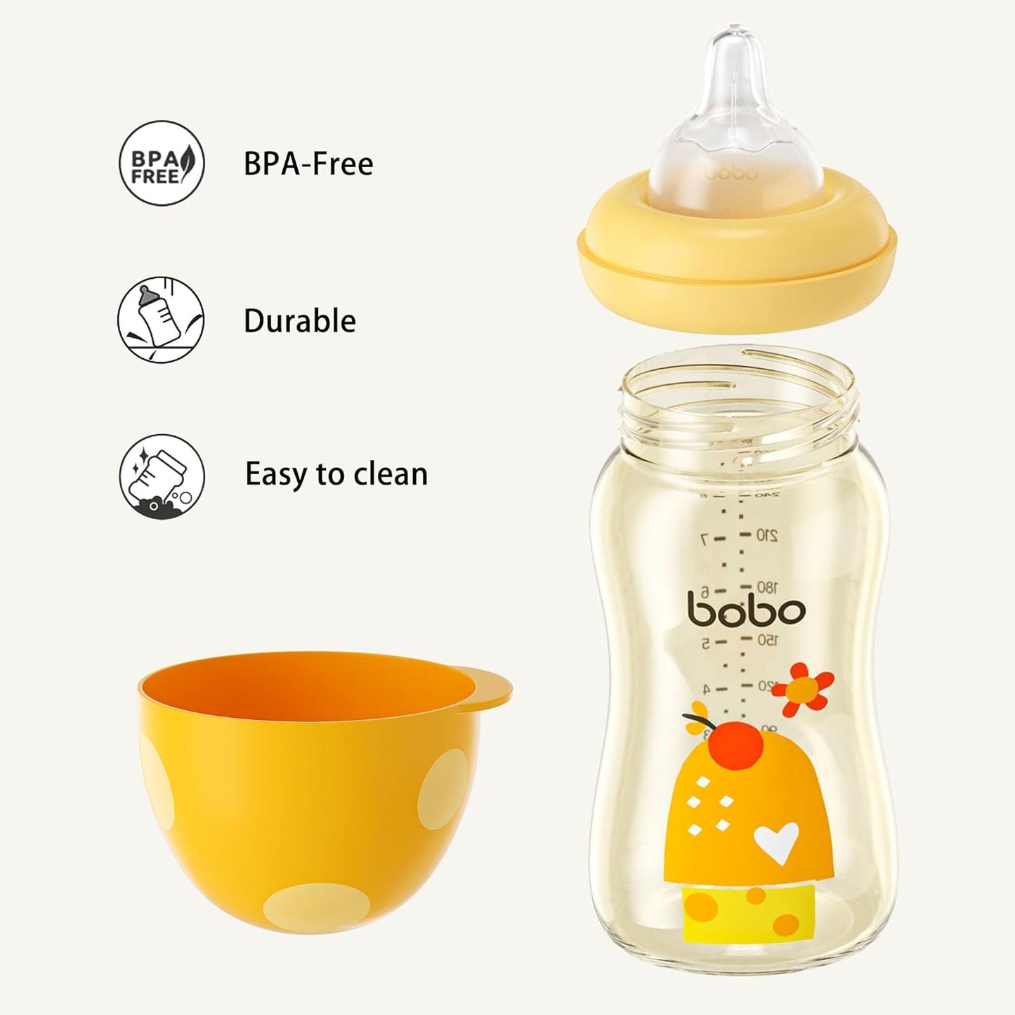 YOHKOH PPSU Baby Bottle Wide Neck, Newborn Anti-Colic Baby Bottle with Natural Response Nipple, Streamlined Body, Easy to Clean (8.8oz (Pack of 2), Yellow)