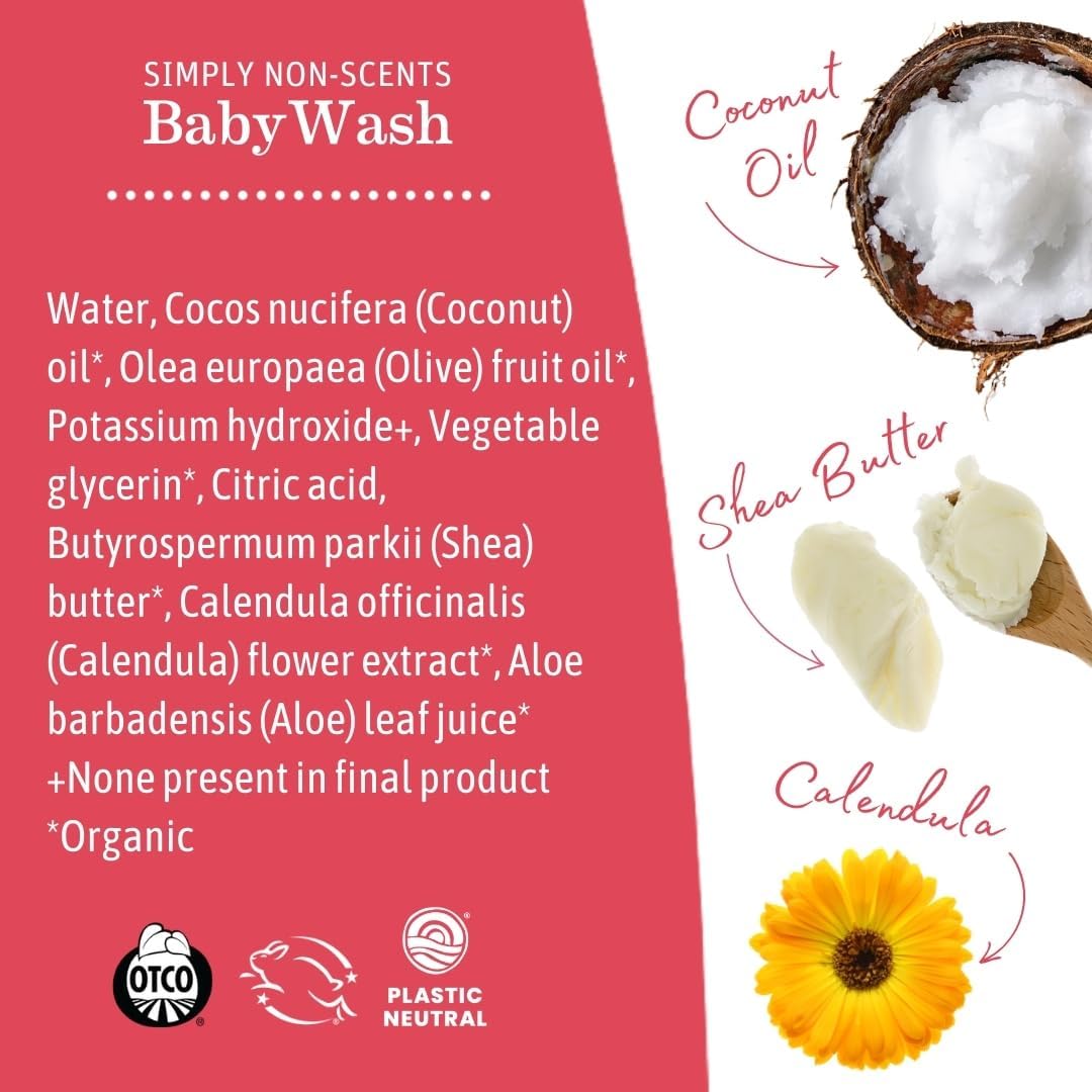 Earth Mama Simply Non-Scents Baby Wash Liquid Hand Soap Refill, Organic Body Wash for Sensitive Skin, All Purpose Castile Soap Liquid with Coconut Oil, Shea Butter, Calendula & Aloe, 34 fl oz