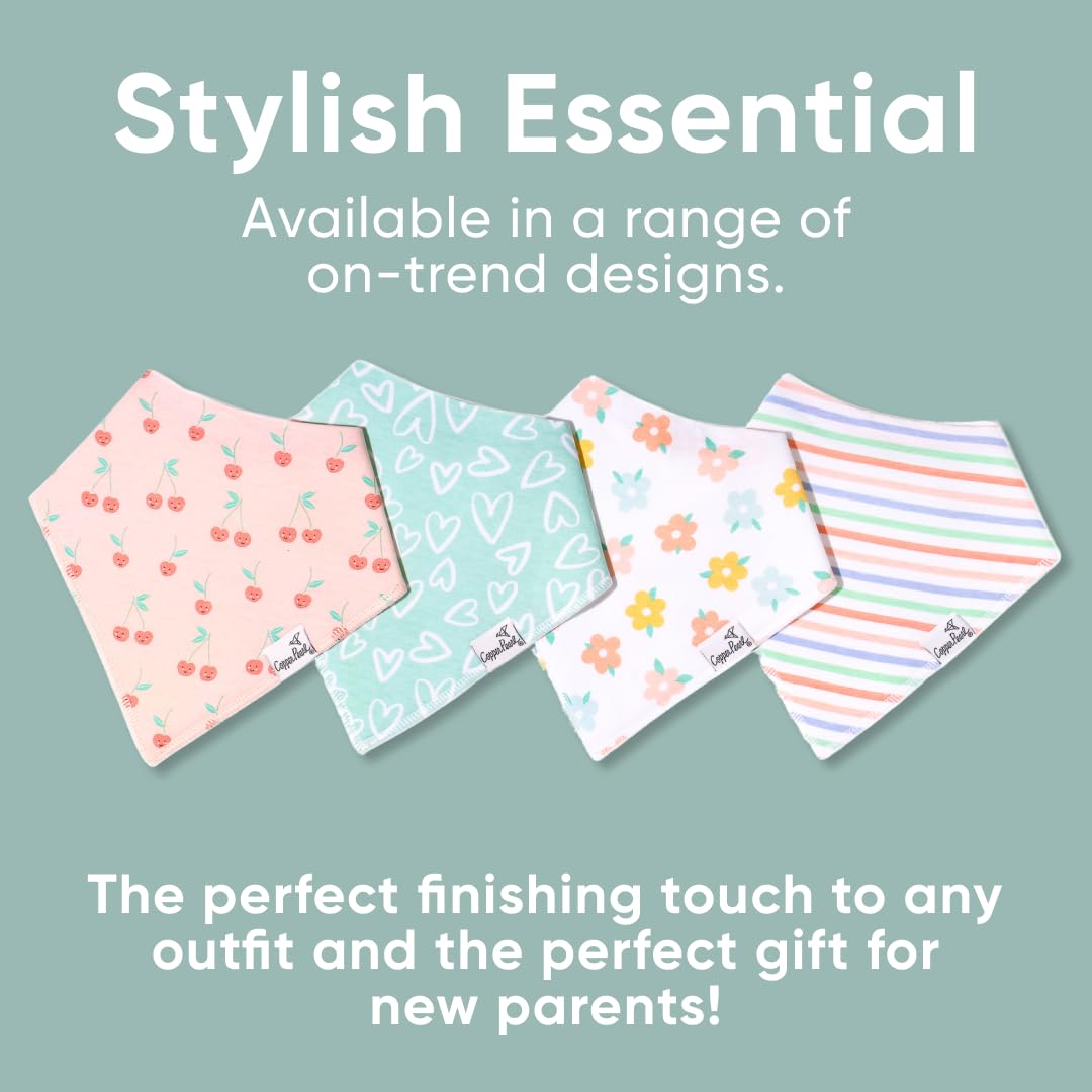 Copper Pearl 4 Pack Soft Cotton Baby Bibs for Drooling and Teething, Absorbent Drool Bibs for Baby Girl and Boy, Adjustable to Fit Newborns to Toddlers, Tons of Styles (Cheery)