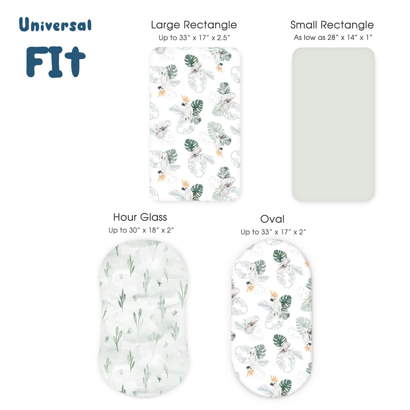 GRSSDER Stretch Ultra Soft Fitted Bassinet Sheets 3 Pack, Universal Fit for Bassinets Baby Cradle Moses Basket Oval Rectangle Mattress Safe and Snug, Stylish Watercolor Animals for Baby, Mint Green