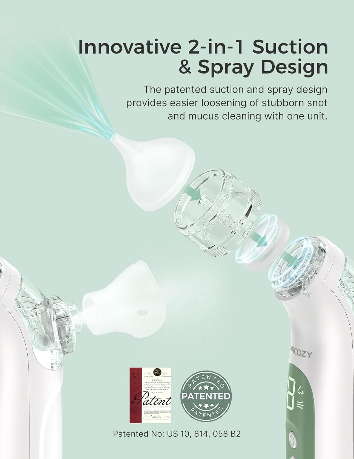 Momcozy BreezyClear™ 2-in-1 Electric Nasal Aspirator for Baby with Spray, 65kPa Hospital-Grade Suction, 4 Adjustable Levels, Quiet & Portable Nose Cleaner with Soothing Light & Music