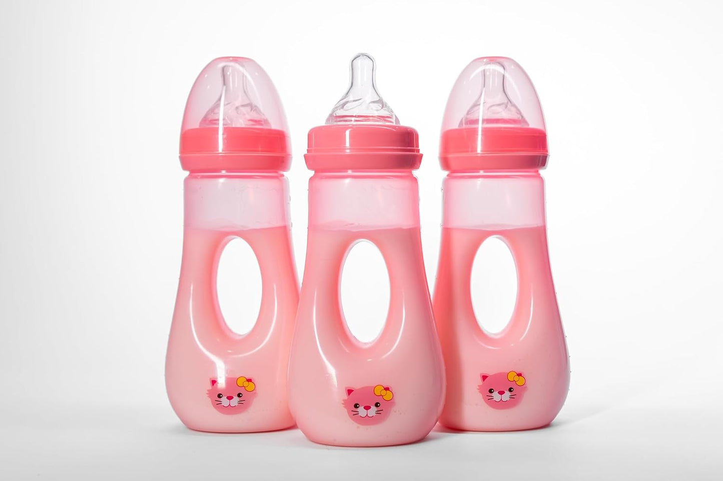 Avima Easy Grip Anti Colic Baby Bottles, BPA Free, 8 oz. Wide Neck w/Medium Flow Silicone Nipples & Bottle Brush Pink Set (Pack of 3)