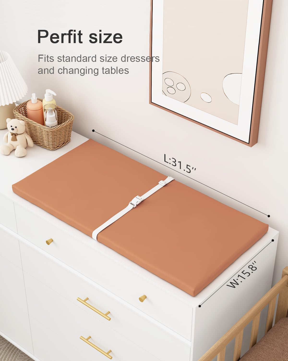 Wipeable Baby Changing Pad for Dresser and Table, Cozy Diaper Changing Pad with Waterproof & Wipe-Clean Leather Cover, Standard Size (31.5" L x 15.8" W), Coffee Color