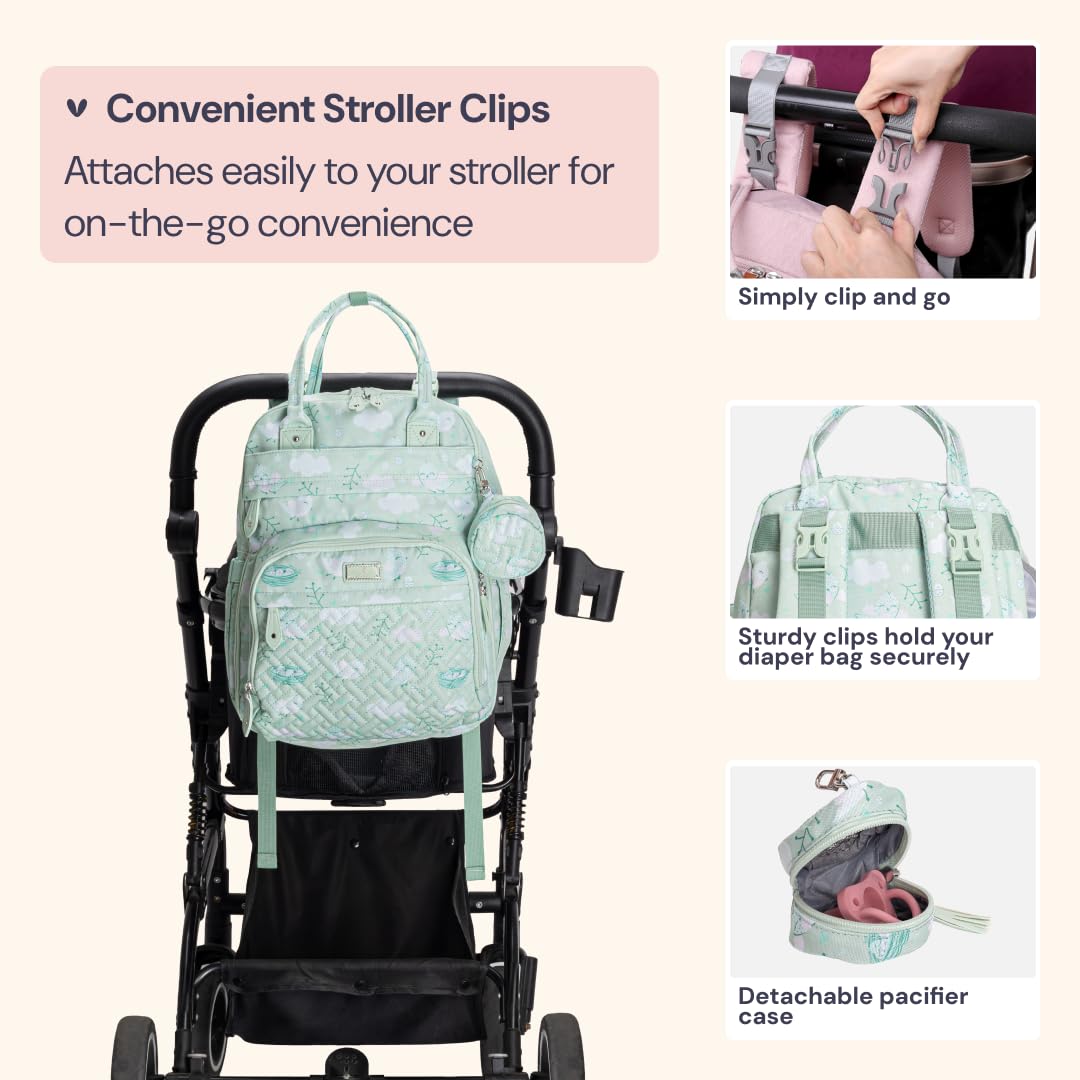 BabbleRoo Diaper Bag Backpack - Baby Essentials Travel Tote - Multi Function Water Resistant Diaper Bag, Travel Essentials Baby Bag with Changing Pad, Stroller Straps & Pacifier Case - Green Birdy
