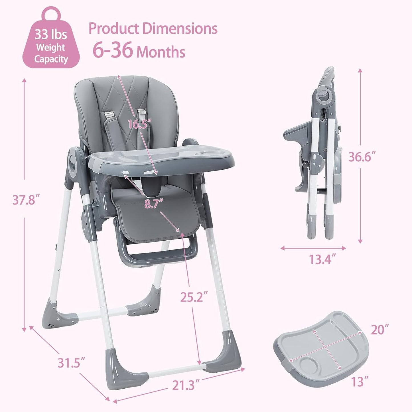 GAOMON Baby High Chair, Multifunctional Infant Highchairs with Adjustable Height and Recline, Foldable High Chair for Babies & Toddlers, High Chair with Removable Tray Easy Clean (Dark Gray)